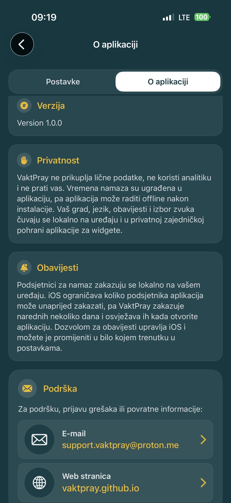 Bosnian about screen with version, privacy, notification, support, email, and website information.