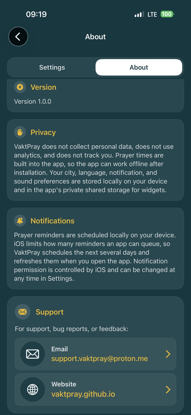 English about screen with version, privacy, notification, support, email, and website information.
