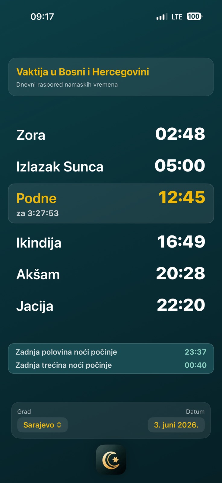 Bosnian prayer time screen showing last half and last third of the night information.