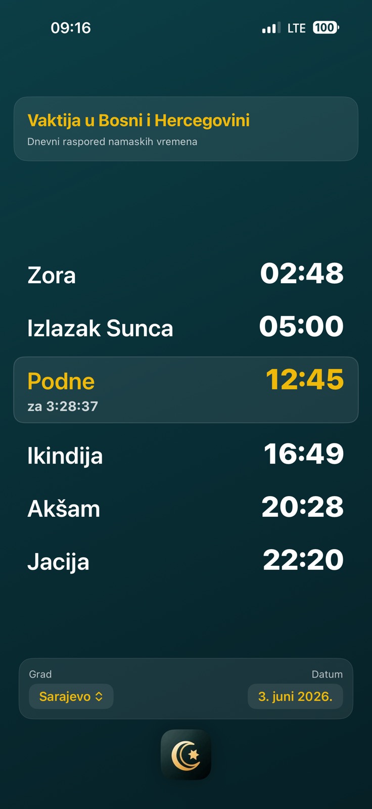 Bosnian prayer time screen showing the selected city, date, current time, and daily prayer schedule.