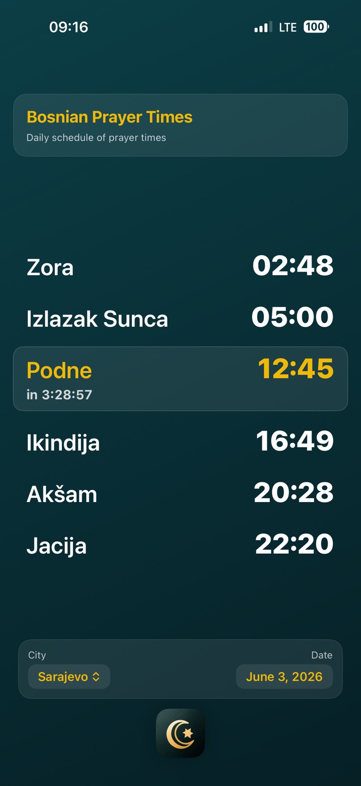 English prayer time screen using Bosnian prayer names, showing the current prayer highlighted and a countdown.