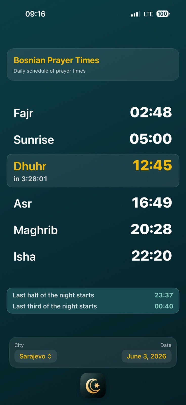 English prayer time screen showing last half and last third of the night information.
