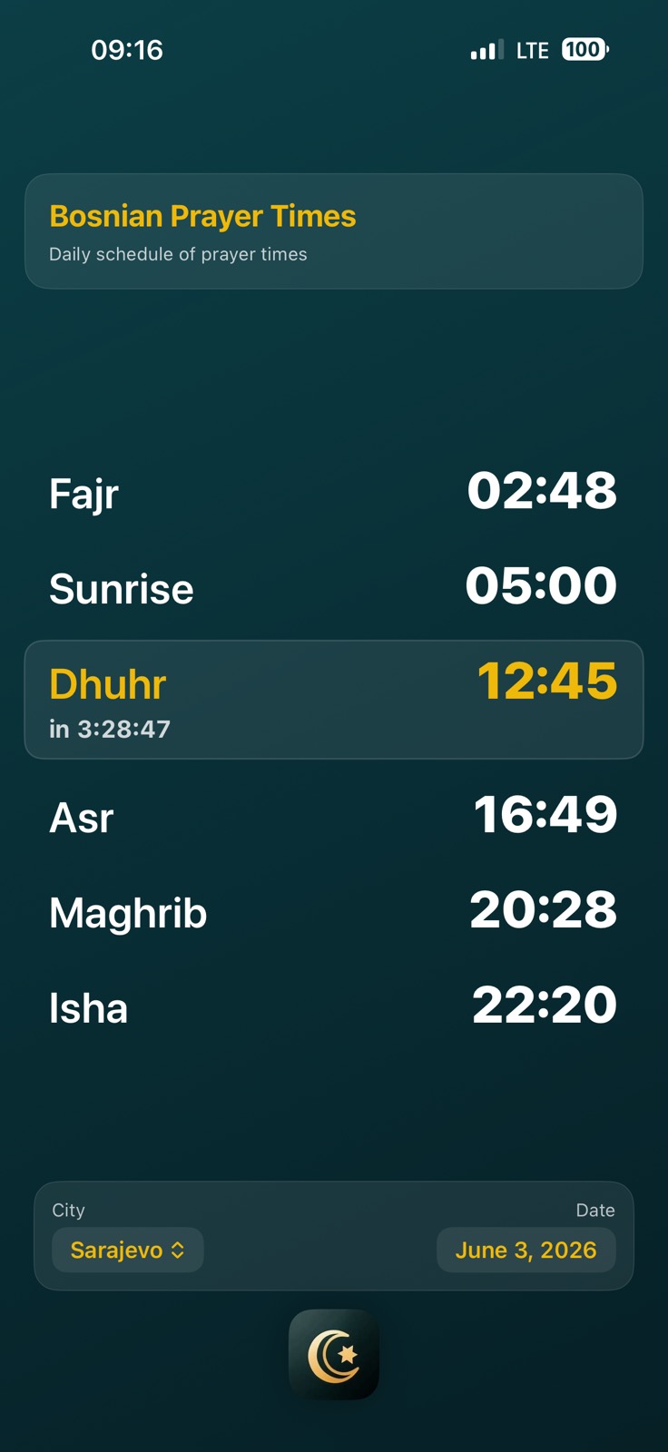 English prayer time screen with English prayer names, showing the current prayer highlighted and a countdown.