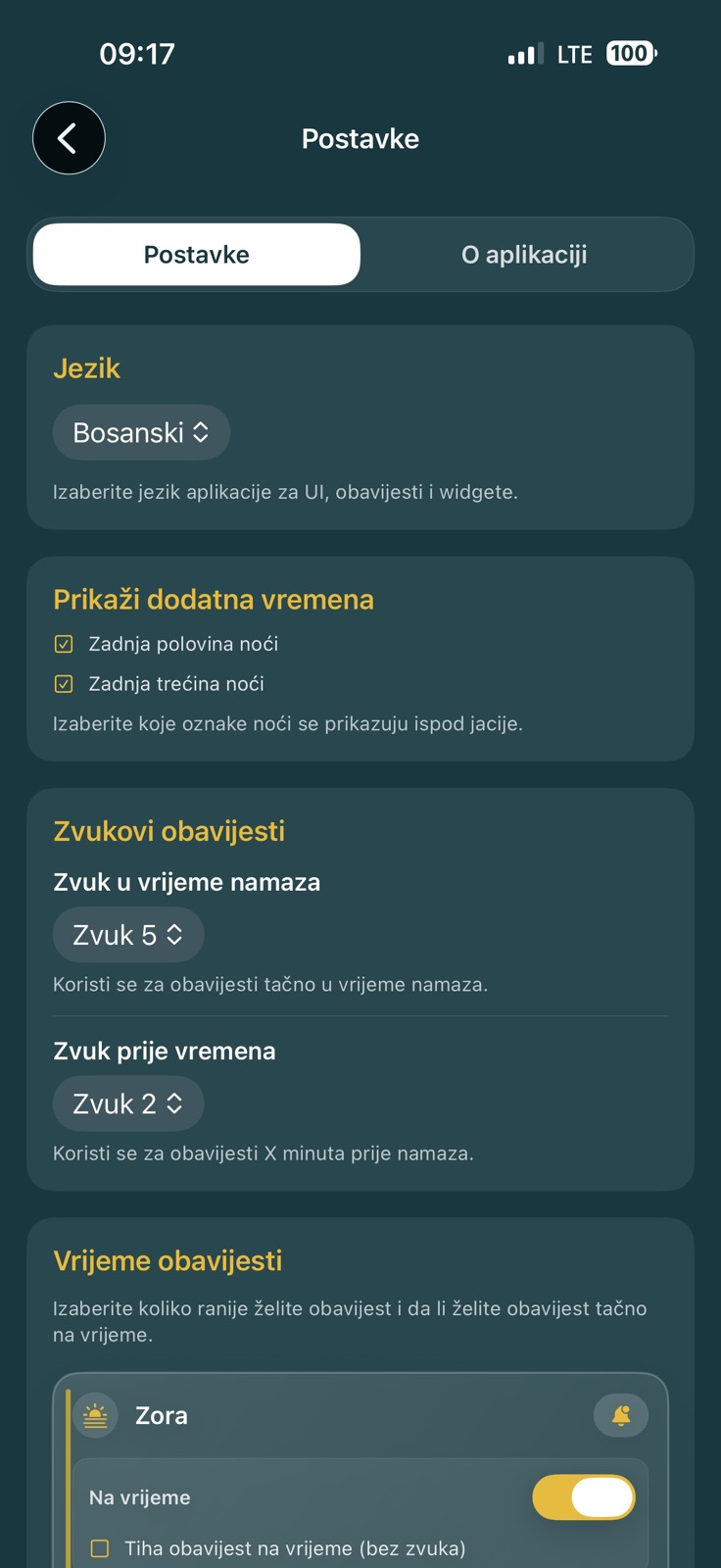Bosnian settings screen with language, additional time information, notification sounds, and notification timing controls.