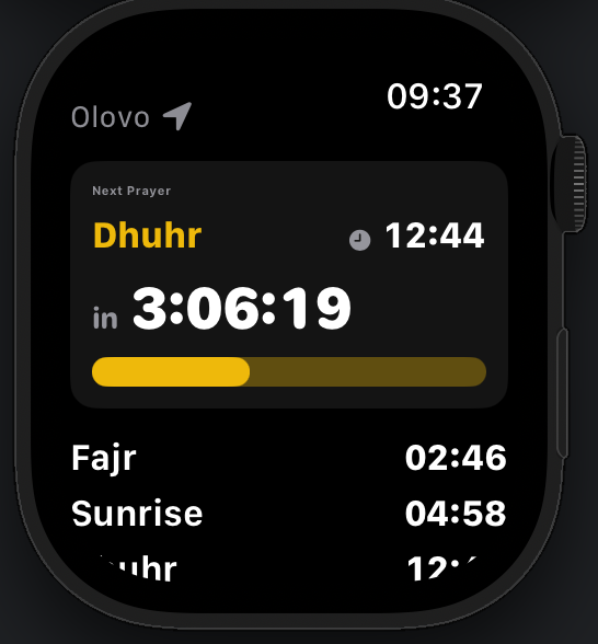 Apple Watch VaktPray screen showing the next prayer, countdown, city, and daily schedule.