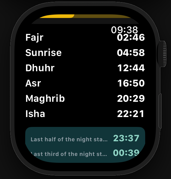 Apple Watch VaktPray screen showing the daily prayer schedule and night-time information.