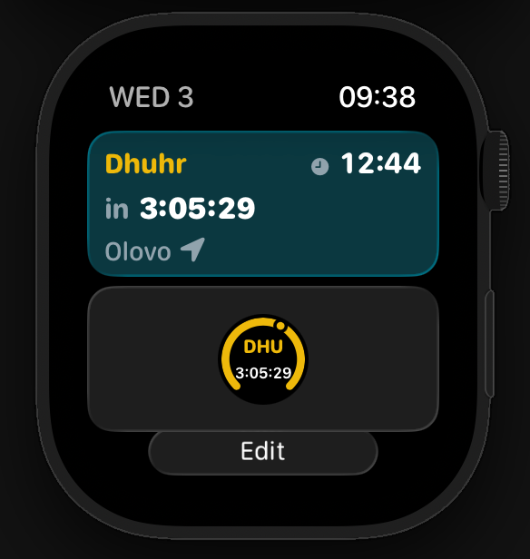 Apple Watch widget previews showing text and circular countdown styles for the next prayer.