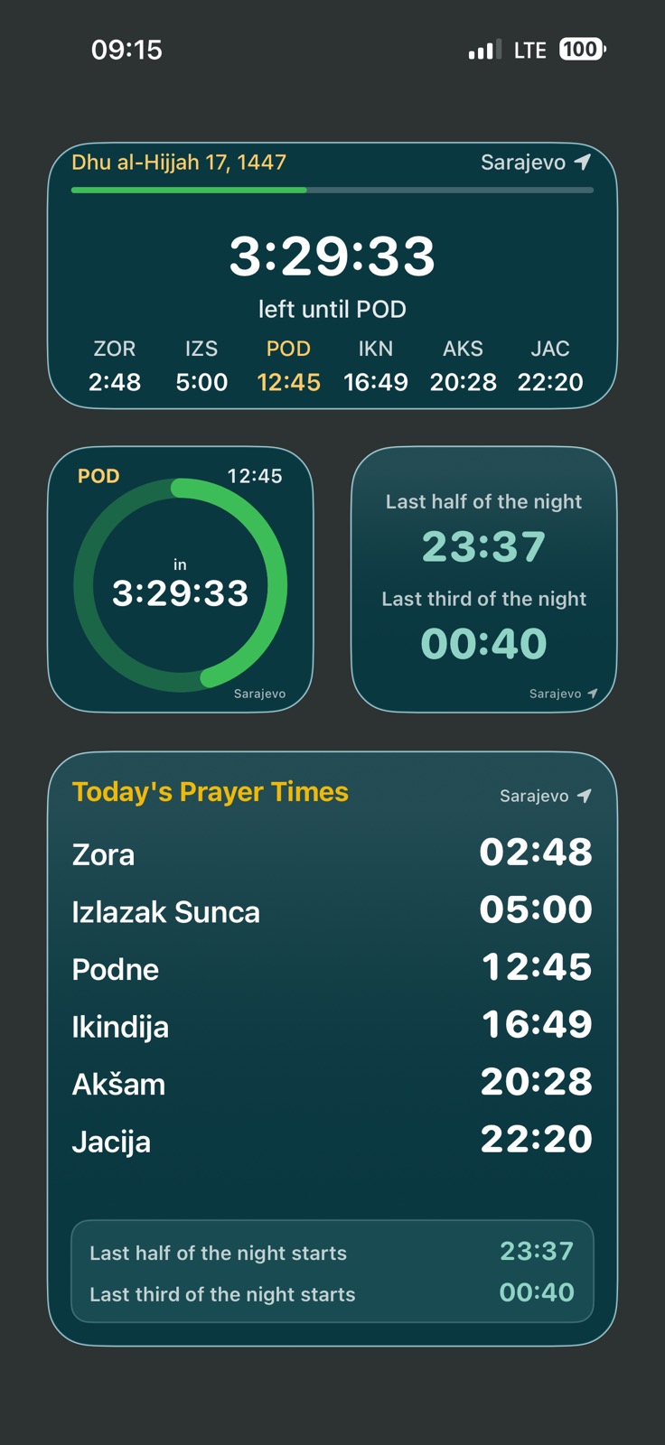iPhone Home Screen showing VaktPray widgets for countdowns, daily prayer times, and night-time information.